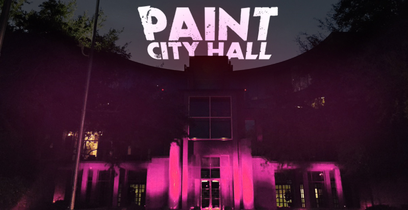 City Hall lit up pink