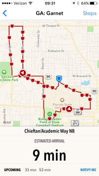 TransLoc app screenshot showing a bus's estimated arrival time at the stop location
