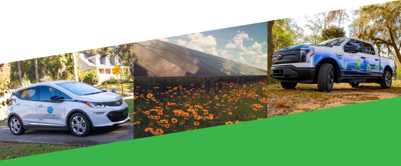 a collage of the City's electric fleet vehicles and panels at the solar farm